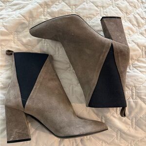 Women's Taupe Suede Pointed Toe Block Heel Ankle Boots